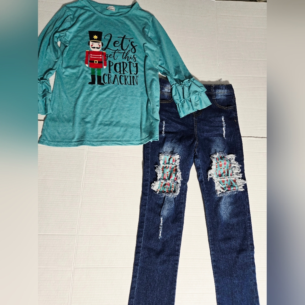 "Let's Get This Party Crackin" Nutcracker Matching Set Denim & Bell Sleeves 12